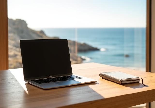 Minimalistisches Home Office mit Blick auf eine sonnige Landschaft